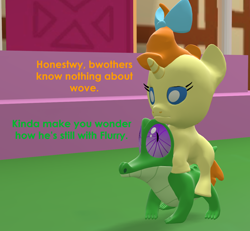 Size: 1168x1080 | Tagged: safe, artist:red4567, character:gummy, character:pumpkin cake, species:pony, 3d, baby, baby pony, implied flurry heart, implied pound cake, implied poundurry, implied shipping, mythology gag, ponies riding gators, riding, shipping, source filmmaker, talking, talking gator