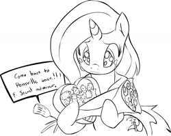 Size: 1846x1473 | Tagged: safe, artist:zev, character:trixie, species:pony, species:unicorn, belly button, blushing, crying, female, flower, grayscale, mare, monochrome, pinecone, secret admirer, solo, tears of joy, valentine, wavy mouth
