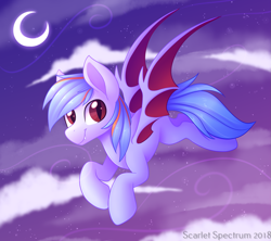 Size: 1575x1401 | Tagged: safe, artist:scarlet-spectrum, oc, species:bat pony, bat pony oc, cloud, crescent moon, flying, moon, solo, transparent moon