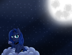 Size: 1300x1000 | Tagged: safe, artist:lazerblues, character:princess luna, species:alicorn, species:pony, cloud, cutie mark, female, full moon, hooves, horn, jewelry, mare, moon, night, night sky, on a cloud, regalia, sitting, sitting on a cloud, sky, solo, stars, tiara, tongue out, waving, wings