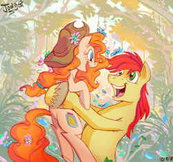 Size: 659x619 | Tagged: safe, artist:jowyb, character:bright mac, character:pear butter, species:earth pony, species:pony, ship:brightbutter, accessory swap, brightabetes, clothing, couple, cowboy hat, cute, dawwww, female, flower, flower in hair, happy, hat, male, mare, pearabetes, shipping, signature, stallion, straight, tree