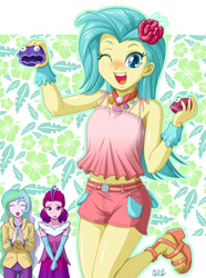 Size: 742x1000 | Tagged: safe, artist:uotapo, character:princess celestia, character:princess skystar, character:principal celestia, character:queen novo, my little pony: the movie (2017), my little pony:equestria girls, anime, armpits, belly button, breasts, clam, clothing, cute, delicious flat chest, equestria girls-ified, evening gloves, eyes closed, feet, female, freckles, gloves, long gloves, one eye closed, open mouth, pants, sandals, shelldon, shelly, shirt, shoes, short, skyabetes, uotapo is trying to murder us, wink