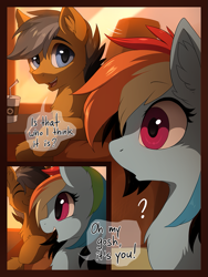 Size: 829x1100 | Tagged: safe, artist:hioshiru, character:quibble pants, character:rainbow dash, species:earth pony, species:pegasus, species:pony, comic:tale road, ship:quibbledash, bendy straw, cheek fluff, chest fluff, coffee, comic, cute, dialogue, drinking straw, duo, ear fluff, explicit series, eyelashes, eyes closed, female, fluffy, happy, male, mare, open mouth, question mark, shipping, shrunken pupils, smiling, speech bubble, stallion, straight, surprised, train, wide eyes