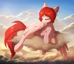 Size: 1280x1110 | Tagged: safe, artist:hioshiru, oc, oc only, oc:weathervane, species:pegasus, species:pony, g4, chest fluff, cloud, crossed hooves, cute, eyes closed, female, fluffy, leg fluff, mare, ocbetes, preening, prone, sky, solo, wing fluff, wing noms, wings