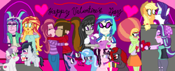 Size: 3325x1363 | Tagged: safe, artist:ktd1993, character:applejack, character:aria blaze, character:dj pon-3, character:octavia melody, character:rarity, character:rumble, character:starlight glimmer, character:sunset shimmer, character:sweetie belle, character:tree hugger, character:trixie, character:twilight sparkle, character:vinyl scratch, oc, oc:contralto, oc:cupcake slash, oc:curse word, oc:magpie, ship:rarijack, ship:rumbelle, ship:sunblaze, ship:twixie, my little pony:equestria girls, disguised siren, female, holiday, kissing, lesbian, male, oc x oc, shipping, starhugger, straight, sunblaze, valentine's day