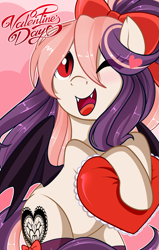 Size: 1815x2852 | Tagged: safe, artist:xwhitedreamsx, oc, oc only, oc:sweet velvet, species:bat pony, species:pony, bat pony oc, bow, fangs, female, hair bow, heart, holiday, mare, one eye closed, open mouth, smiling, solo, valentine's day, wink