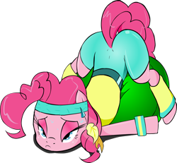 Size: 1735x1604 | Tagged: safe, artist:zev, character:pinkie pie, species:earth pony, species:pony, aerobics, clothing, cute, diapinkes, face down ass up, female, headband, lidded eyes, mare, prone, simple background, solo, sweat, tired, transparent background, wristband