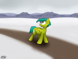 Size: 2505x1890 | Tagged: safe, artist:the-furry-railfan, oc, oc only, oc:radicchio, species:pegasus, species:pony, dirt road, female, mountain, mountain range, overcast, panic, snow, solo, story included, this will end in balloons