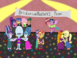 Size: 4032x3024 | Tagged: safe, artist:ktd1993, character:adagio dazzle, character:applejack, character:aria blaze, character:flash sentry, character:fluttershy, character:gloriosa daisy, character:sonata dusk, character:starlight glimmer, character:sunset shimmer, character:timber spruce, character:trixie, character:twilight sparkle, character:twilight sparkle (alicorn), character:twilight sparkle (scitwi), species:alicorn, species:eqg human, species:pony, ship:flashlight, ship:sunblaze, my little pony:equestria girls, beehive, beehive hairdo, bridal carry, bun hairstyle, daisylight, dazzlejack, female, kissing, lesbian, male, ponytail, prom, sciflash, shipping, sonxie, straight, sunblaze, timbershy, twidaisy