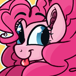 Size: 1500x1500 | Tagged: safe, artist:binkyt11, character:pinkie pie, species:earth pony, species:pony, :t, blep, bust, cute, ear fluff, female, fluffy mane, impossibly large mane, looking at you, looking back, mare, medibang paint, pixel art, silly, silly pony, simple background, smiling, solo, tongue out, yellow background