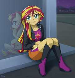 Size: 870x900 | Tagged: safe, artist:uotapo, character:sunset shimmer, species:pony, species:unicorn, my little pony:equestria girls, boots, clothing, courtyard, crying, cute, despair, duality, feels, female, homesick shimmer, human ponidox, magic mirror, mare, ponidox, portal, reflection, sad, sadorable, self ponidox, shimmerbetes, shoes, skirt, solo, sunsad shimmer, teary eyes, woobie
