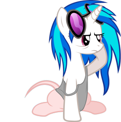 Size: 1726x1742 | Tagged: safe, artist:zacatron94, edit, editor:slayerbvc, character:dj pon-3, character:vinyl scratch, species:pony, species:unicorn, bed mane, bottomless, clothing, female, furless, furless edit, mare, morning ponies, off shoulder, partial nudity, partial nudity edit, shaved, shaved tail, simple background, solo, sunglasses, tank top, transparent background