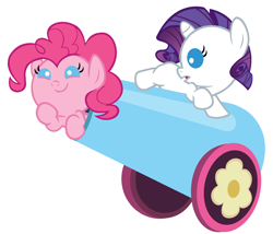 Size: 1280x1097 | Tagged: safe, artist:beavernator, character:pinkie pie, character:rarity, species:earth pony, species:pony, species:unicorn, babity, baby, baby pie, baby pony, cute, duo, duo female, female, filly, foal, frown, open mouth, party cannon, pony cannonball, prone, simple background, smiling, white background