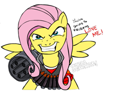 Size: 800x600 | Tagged: safe, artist:zev, character:fluttershy, evil grin, female, flutterrage, grin, heavy weapons guy, heavyshy, holy shit, looking at you, simple background, smiling, solo, team fortress 2, transparent background, you're going to love me
