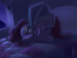 Size: 1024x768 | Tagged: safe, artist:grissaecrim, character:pinkie pie, species:earth pony, species:pony, bed, clothing, female, hat, mare, night, nightcap, sleeping, smiling, solo, window