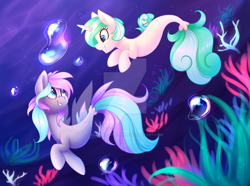 Size: 900x669 | Tagged: safe, artist:scarlet-spectrum, oc, oc only, oc:first edition, oc:silverstar, species:pegasus, species:pony, species:seapony (g4), species:unicorn, air bubble, commission, seaweed, underwater, watermark