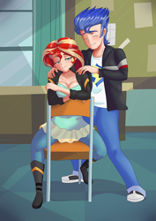 Size: 566x800 | Tagged: safe, artist:thebrokencog, character:flash sentry, character:sunset shimmer, species:human, ship:flashimmer, my little pony:equestria girls, breasts, busty sunset shimmer, chair, clothing, female, humanized, jacket, male, massage, pants, shipping, shirt, smiling, straight
