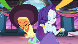 Size: 1920x1080 | Tagged: safe, artist:ktd1993, artist:thebarsection, edit, character:rarity, character:saffron masala, my little pony:equestria girls, afro, clothing, dancing, female, lesbian, party, raffron, shipping, skirt