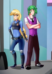 Size: 728x1024 | Tagged: safe, artist:thebrokencog, character:applejack, character:spike, species:human, city, clothing, commission, cover art, crossover, disney, fanfic, fanfic art, humanized, judy hopps, looking at you, nick wilde, pants, shoes, sidewalk, zootopia