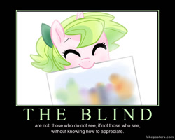 Size: 600x480 | Tagged: safe, artist:kianamai, oc, oc:anthea, parent:fluttershy, species:pony, species:unicorn, kilalaverse, adopted offspring, blind, disability, drawing, eyes closed, fanfic, fanfic art, green hair, next generation, offspring, poster, simple background, text