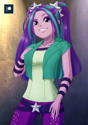 Size: 707x1000 | Tagged: safe, artist:uotapo, character:aria blaze, my little pony:equestria girls, clothing, female, lip bite, pants, seductive look, seductive pose, smiling, solo