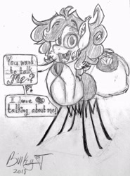 Size: 1918x2591 | Tagged: safe, artist:binkyt11, oc, oc only, oc:izzy bitsy, dialogue, ear fluff, eyeshadow, fangs, female, grayscale, looking at you, makeup, monochrome, monster pony, multiple eyes, narcissism, original species, pencil drawing, simple background, solo, speech bubble, spiderpony, talking to viewer, traditional art, white background