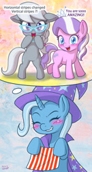 Size: 700x1300 | Tagged: safe, artist:uotapo, character:diamond tiara, character:silver spoon, character:trixie, species:earth pony, species:pony, species:unicorn, blushing, cape, clothing, cute, daydream, diamondbetes, diatrixes, female, filly, happy, hat, mare, silverbetes, smiling, thought bubble, trixie's cape, trixie's hat, uotapo is trying to murder us