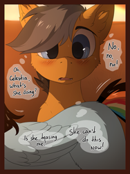 Size: 829x1100 | Tagged: safe, artist:hioshiru, character:quibble pants, character:rainbow dash, species:earth pony, species:pegasus, species:pony, comic:tale road, ship:quibbledash, blushing, cheek fluff, comic, cute, dialogue, ear fluff, explicit series, female, fluffy, looking at something, male, mare, missing cutie mark, open mouth, shipping, speech bubble, stallion, straight, thought bubble, train, wings