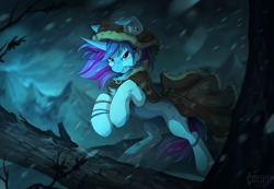 Size: 1280x884 | Tagged: safe, artist:hioshiru, oc, oc only, oc:aqua jewel, species:pony, species:unicorn, cape, clothing, hood, hooded cape, male, mountain, mountain range, rearing, serious, serious face, snow storm, solo, stallion, storm, tree, ych result