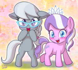 Size: 1000x894 | Tagged: safe, artist:uotapo, character:diamond tiara, character:silver spoon, species:earth pony, species:pony, adorabullies, blushing, cute, cutie mark, diamondbetes, duo, duo female, female, filly, glasses, happy, looking at you, silverbetes, smiling, uotapo is trying to murder us