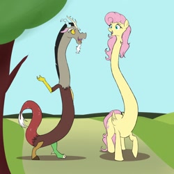 Size: 1280x1280 | Tagged: safe, artist:astr0zone, character:discord, character:fluttershy, species:draconequus, species:pegasus, species:pony, impossibly long neck, necc, tree