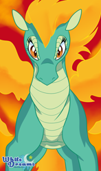 Size: 1761x3000 | Tagged: safe, artist:xwhitedreamsx, community related, character:tianhuo, species:longma, them's fightin' herds, female, fire, looking at you, slit eyes, solo