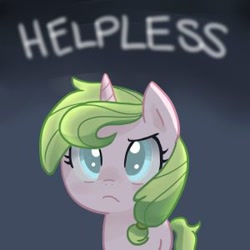 Size: 300x300 | Tagged: safe, artist:kianamai, oc, oc only, oc:anthea, parent:fluttershy, species:pony, species:unicorn, fanfic:helpless, kilalaverse, adopted offspring, blind, blue eyes, fanfic, fanfic art, fanfic cover, female, filly, frown, glare, gradient background, helpless, looking at you, looking up, next generation, offspring, solo, story in the source