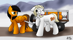 Size: 2520x1395 | Tagged: safe, artist:the-furry-railfan, oc, oc only, oc:parchment bleach, oc:twintails, species:earth pony, species:pegasus, species:pony, air tank, dirt road, glasses, helium tank, hose, male, mountain, mountain range, snow, stallion, story included, this will end in balloons, wagon, walking, wheel