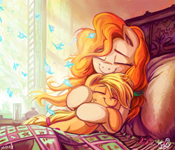 Size: 1199x1027 | Tagged: safe, artist:jowyb, character:applejack, character:pear butter, species:earth pony, species:pony, bed, bright, color porn, cute, dawwww, duo, eyes closed, feels, female, filly, filly applejack, flower petals, freckles, happy, heartwarming, hnnng, hug, jackabetes, jowybean is trying to murder us, mare, morning ponies, mother and daughter, pearabetes, petals, pillow, precious, smiling, sweet dreams fuel, weapons-grade cute, wholesome, younger