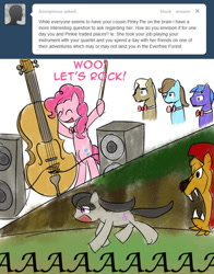 Size: 500x637 | Tagged: safe, artist:erthilo, character:beauty brass, character:frederic horseshoepin, character:octavia melody, character:parish nandermane, character:pinkie pie, species:pony, ask octavia, ask, cello, manticore, musical instrument, parish nandermane, tumblr