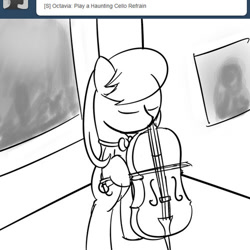 Size: 500x500 | Tagged: safe, artist:erthilo, character:octavia melody, species:earth pony, species:pony, ask octavia, bipedal, bow (instrument), cello, cello bow, eyes closed, female, mare, monochrome, musical instrument, solo