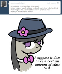 Size: 646x766 | Tagged: safe, artist:erthilo, character:octavia melody, species:earth pony, species:pony, ask octavia, clothing, fedora, female, flower, hat, mare, no pupils, solo