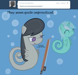 Size: 801x766 | Tagged: safe, artist:erthilo, character:lyra heartstrings, character:octavia melody, species:sea pony, ask octavia, ask, bow (instrument), cello bow, duo, duo female, female, no pupils, original species, seahorse, seaponified, seapony lyra, species swap, tumblr, underwater