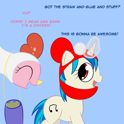 Size: 801x801 | Tagged: safe, artist:erthilo, character:dj pon-3, character:pinkie pie, character:vinyl scratch, species:earth pony, species:pony, species:unicorn, ask octavia, animal costume, chicken pie, chicken suit, clothing, costume, duo, duo female, female, mare