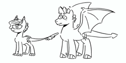 Size: 1692x856 | Tagged: safe, artist:kianamai, oc, oc only, oc:crystal clarity, oc:turquoise blitz, parent:rarity, parent:spike, parents:sparity, species:dracony, species:dragon, kilalaverse, black and white, brother and sister, female, grayscale, hybrid, interspecies offspring, male, monochrome, next generation, offspring, simple background, white background