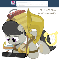 Size: 1000x1026 | Tagged: safe, artist:erthilo, character:octavia melody, species:earth pony, species:pony, ask octavia, accordion, banjo, cymbals, female, harmonica, lyre, mare, musical instrument, simple background, solo, tambourine, tuba, white background