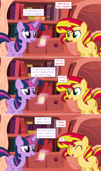 Size: 1280x2168 | Tagged: safe, artist:hakunohamikage, character:sunset shimmer, character:twilight sparkle, character:twilight sparkle (alicorn), species:alicorn, species:pony, ask-princesssparkle, ask, golden oaks library, magic, scroll, tumblr