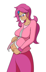 Size: 988x1540 | Tagged: safe, artist:jake heritagu, character:scootaloo, species:human, species:pegasus, species:pony, comic:ask motherly scootaloo, motherly scootaloo, belly, belly button, clothing, commission, hairpin, humanized, jacket, pregnant, pregnant scootaloo