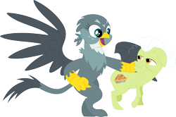 Size: 3573x2375 | Tagged: safe, artist:porygon2z, edit, character:gabby, character:granny smith, species:earth pony, species:griffon, species:pony, episode:the fault in our cutie marks, g4, my little pony: friendship is magic, accessory-less edit, bipedal, duo, female, helping, mare, missing accessory, simple background, transparent background, vector