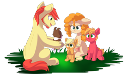 Size: 4693x2821 | Tagged: safe, artist:chub-wub, character:applejack, character:big mcintosh, character:bright mac, character:pear butter, character:winona, species:dog, species:earth pony, species:pony, ship:brightbutter, beard, colt, colt big macintosh, cute, facial hair, female, filly, filly applejack, hoof hold, male, pregnant, puppy, shipping, sideburns, simple background, smiling, stallion, straight, transparent background, younger