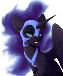 Size: 1612x1929 | Tagged: dead source, safe, artist:faline-art, artist:greyscaleart, character:nightmare moon, character:princess luna, species:alicorn, species:pony, collaboration, colored, ethereal mane, female, galaxy mane, lidded eyes, looking at you, mare, open mouth, shooting star, simple background, smiling, solo, stars, transparent background
