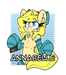 Size: 2100x2400 | Tagged: safe, artist:bbsartboutique, oc, oc:annabelle (zizzydizzymc), species:pony, species:unicorn, badge, bow, chest fluff, clothing, con badge, female, floppy disk, hair bow, simple background, socks, solo, stockings, striped socks, text, thigh highs, transparent background