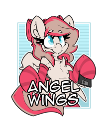 Size: 2100x2400 | Tagged: safe, artist:bbsartboutique, character:angel wings, species:pegasus, species:pony, badge, bow, chest fluff, clothing, con badge, female, floppy disk, hair bow, simple background, socks, solo, stockings, striped socks, text, thigh highs, transparent background