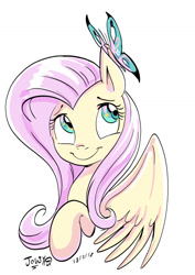 Size: 842x1191 | Tagged: safe, artist:jowyb, character:fluttershy, species:pegasus, species:pony, bust, butterfly, colored sketch, female, looking at something, looking up, mare, portrait, simple background, smiling, solo, white background, wings